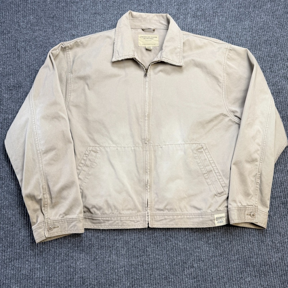 VTG Y2K American Eagle Jacket Mens XL Beige Khaki Bomber Thick Cotton Twill Boxy